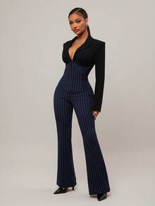 Radiana Women's Elegant Sexy Blue And Black Striped Contrast Color Suit Set, Fitted Blazer + Low-Waist V-Neck Flared Pants 2-Piece, Fashionable Casual Business Wear, Commuting Outfit, Professional Attire, Suitable For Daily Outings, Dates, Parties, And Formal Occasions