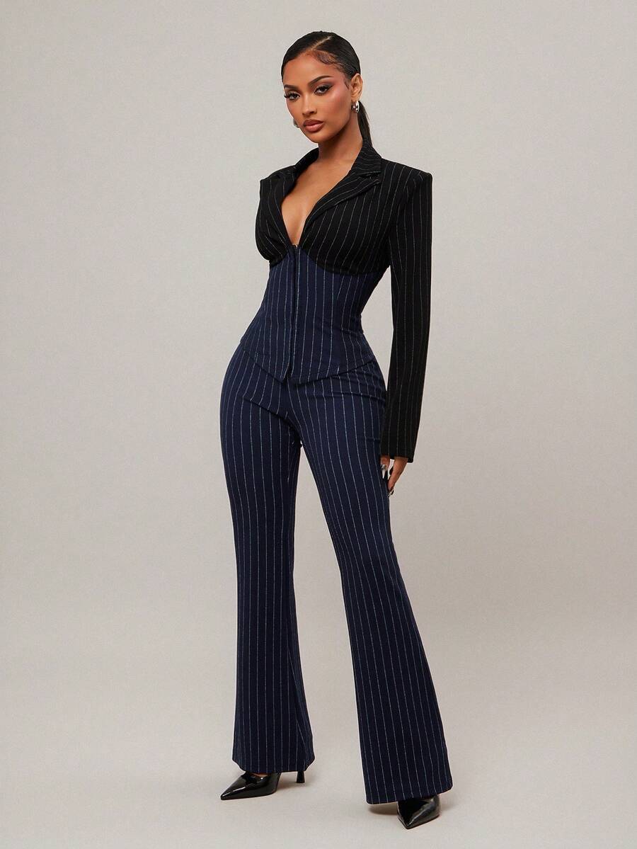 Radiana Women's Elegant Sexy Blue And Black Striped Contrast Color Suit Set, Fitted Blazer + Low-Waist V-Neck Flared Pants 2-Piece, Fashionable Casual Business Wear, Commuting Outfit, Professional Attire, Suitable For Daily Outings, Dates, Parties, And Formal Occasions