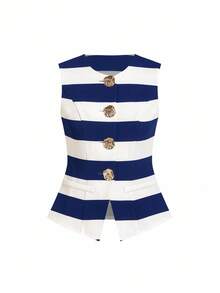 Ellevyn 女士黑白条纹无袖圆领金色纽扣前开襟夹克，春夏秋冬女装商务休闲女教师服秋季女士度假装女士商务休闲女装 - 藍白色 - 查看 5