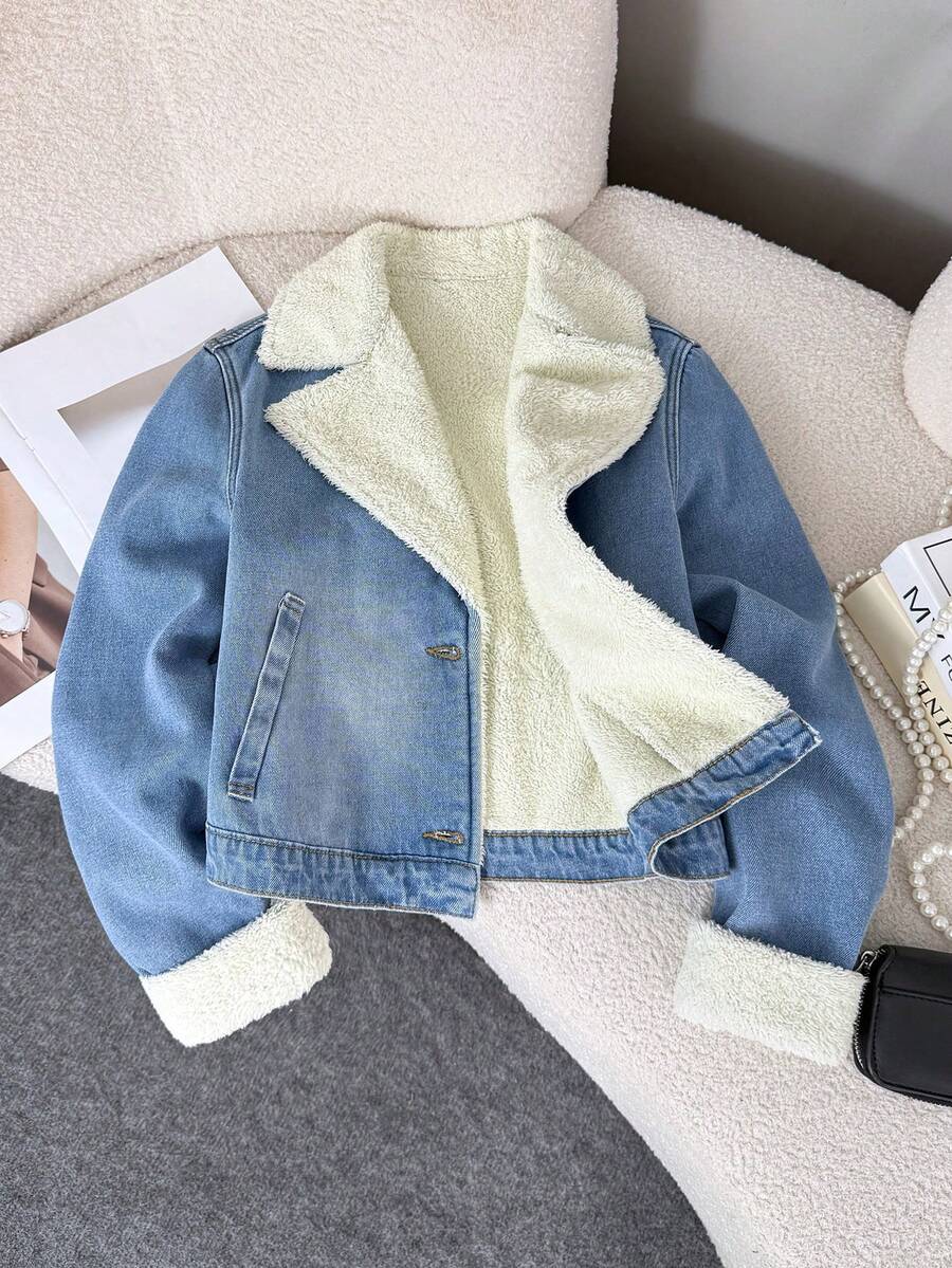 SHEIN 少女Y2K蓝色牛仔保暖长袖外套，抓绒保暖牛仔外套，加厚抓绒牛仔外套，西装领外套，派外套，秋季外套，冬季秋装 - 中等水洗藍 - 查看 1