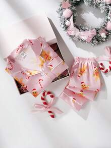 2 件套女童圣诞姜饼印花长袖开衫和裤子舒适休闲家居服套装 - 粉色 - 查看 3