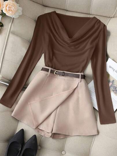 Franclia 女士裹身长袖上衣和短裤两件套