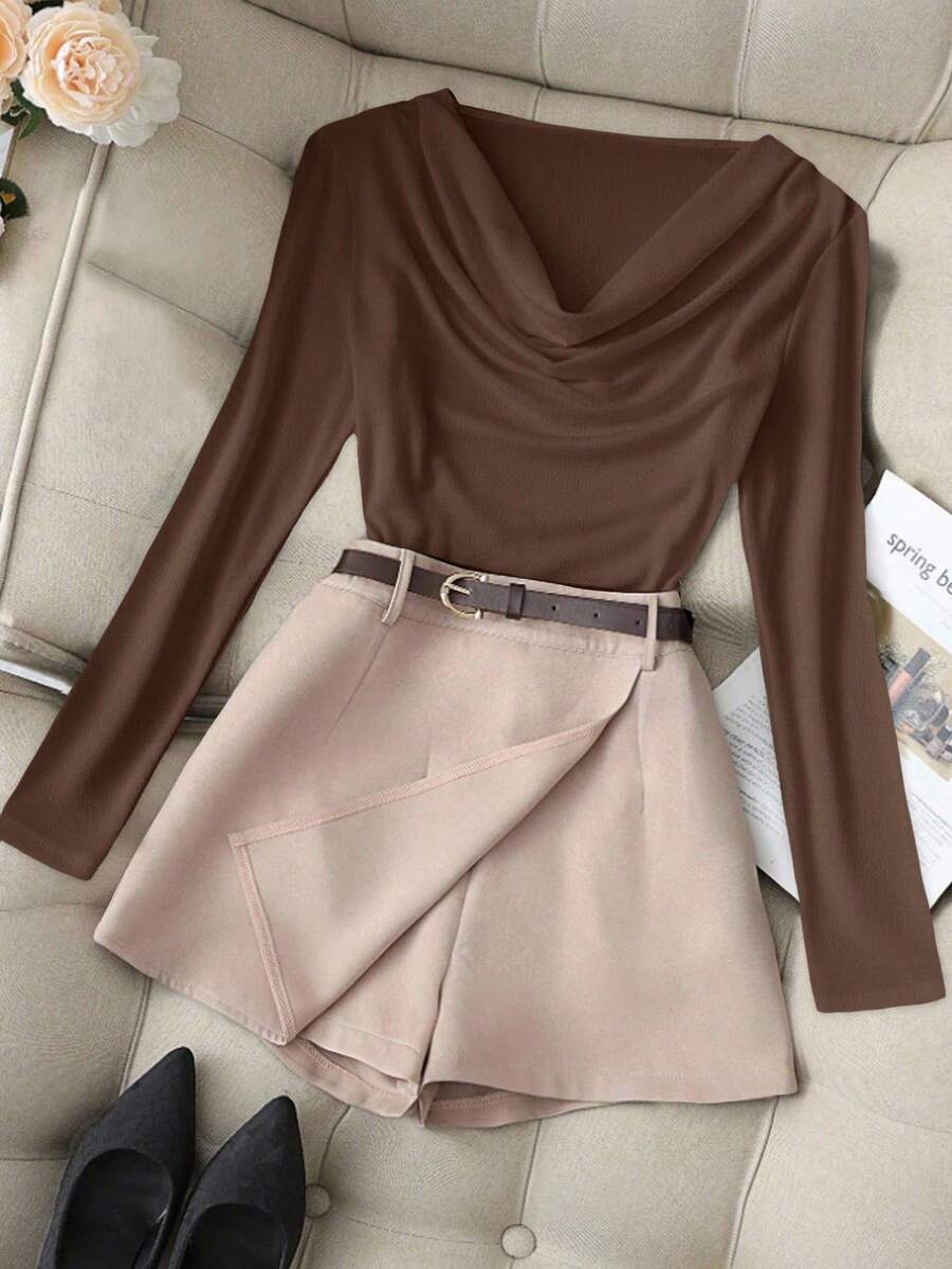 Franclia Women's Wrap Front Long Sleeve Top And Shorts 2 Pieces Set - Multicolor - View 1