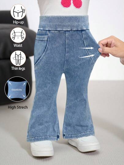 SHEIN Infant/Baby Girl Cute Blue Denim Stretch Flare Pants,Elastic And Comfortable Tight Pants,Autumn And Winter Leggings,Fall Clothes,Winter Clothing ,Casual And Fashionable Vacation Outfits,Elastic And Comfortable Tight Bell Bottom,Cute Denim Bell Bottom