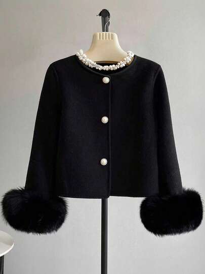 Franclia Women's Solid Color Faux Fur Cuff Fashion Jacket, Autumn/Winter