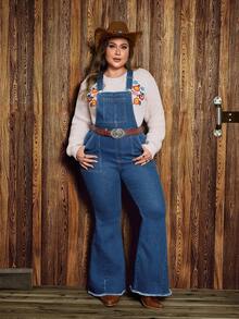 EMERY ROSE Plus Size Women Vintage Washed Denim Bib Overalls - Dark Wash - View 4