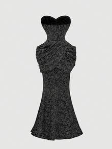 SHEIN MOD 女士勃艮第复古优雅褶饰修身派对礼服和黑色闪亮连衣裙，非常适合约会之夜、派对、皇室、节日、生日和舞会穿着 - 黑色 - 查看 2