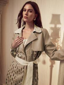 MOTF PREMIUM WOMEN'S AUTUMN/WINTER FASHION HOLLOW OUT LAPEL COLLAR CONTRAST COLOR PU PATCHWORK TRENCH COAT - Coffee Brown - View 5