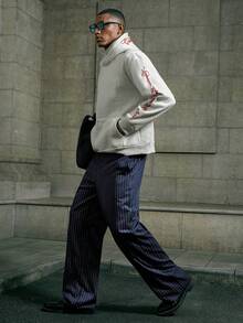 AKNOTIC 男士极简线条图案商务休闲西装裤 - 藏蓝色 - 查看 6