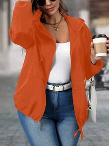 EMERY ROSE Plus Size Women Casual Solid Color Minimalist Zip-Up Hoodie Jacket