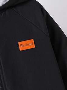 SHEIN Teen Boy Applique Thermal Lined Hooded Long Sleeve Jacket, Autumn/Winter Flash Burgundy Boho Goth Y2k Streetwear Rave Vacation Holiday Party Festival Fall Winter Winter Clothes Retro Vintage Casual Cozy - Black - View 6