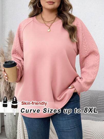SHEIN CURVE+ Plus Size Casual Raglan Sleeve Sweatshirt, Suitable For Graduation Ceremony, Back To School, Women Teachers, Autumn/Winter