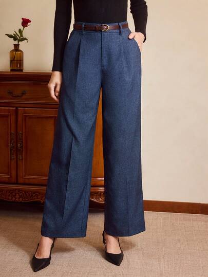 Vintamour Vintage Classic Elegant Women's Pants, Fitted Waist Belt Pocket Trousers, Navy Blue