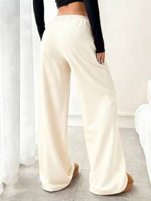 SHEIN EZwear 女士休闲杏色抽绳腰阔腿宽松裤，秋冬 - 杏色 - 查看 2