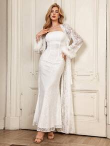 Selianne Premium Sexy Lace 2 Pieces Set: Fluffy Feather Sleeve Tie-Waist Ruffle Maxi Robe With BustierDresss - White - View 5