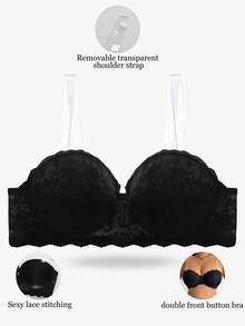 Plus Size Strapless Lace Bralette With Front Closure, Romantic Lingerie - Black - View 5