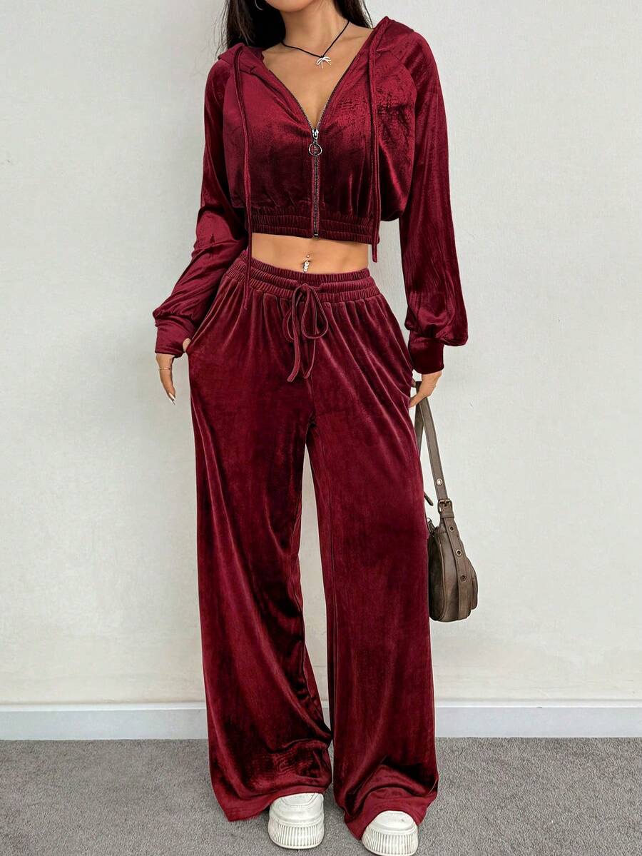 SHEIN EZwear 2pcs/Set Women's Casual Burgundy Front Zip Hoodie And Pants Set, Christmas2 Piecese Outfit,Fall,Fall Clothes For Women - Burgundy - View 1