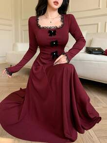 Feyla Đầm dài tay ren tương phản trang trí nơ cho nữ, dáng dài thanh lịch - màu đỏ đậm - Xem 6