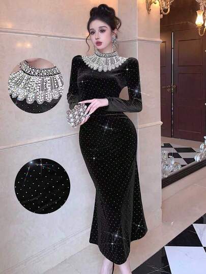 DAZY Robe de soirée élégante et de luxe, robe sirène en velours ornée de strass et de perles avec taille cintrée, coupe ajustée. Parfaite pour le Nouvel An et Noël.