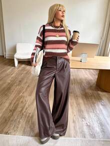 SHEIN EZwear 彩色条纹女士超大款圆领长袖宽松针织毛衣 - 粉色 - 查看 3