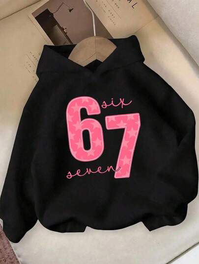 SHEIN Tween Girl Casual Fashionable Creative Minimalist 67 Slogan, Star Print Sweatshirt, Pink With Black Hooded Design Featuring 67 Text, Hearts And Stars Cute Black Sweatshirt For Girl Word Sweatshirts 7 8 Girl Clothes Girls Number Shirt Sweatshirt