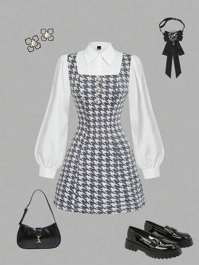 SHEIN MOD Women's Elegant Commuter Black & White Houndstooth Patchwork Lantern Sleeve Short Dress,Fall/Winter,Elegant Outfits For Party,Look, Luxury,Office,Work,Shirt Dress, Houndstooth Dress, Preppy Dress, French Style Dress, Mod Dresses