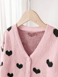 SHEIN 少女心形图案休闲针织开衫 - 淺粉色 - 查看 4