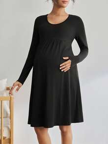 BloomMama Maternity Solid Color Long Sleeve Dress Loungewear, Winter - Black - View 4