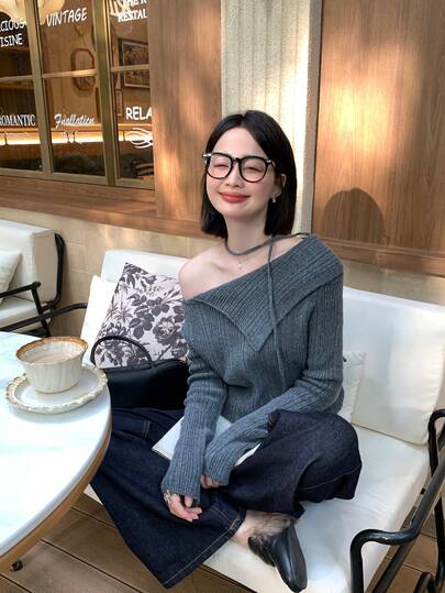 DAZY 女士斜肩系带韩版露肩毛衣，秋冬款