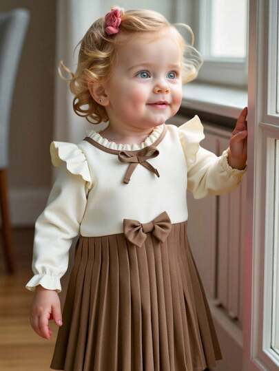 SHEIN Dziewczynka w wieku 6 miesięcy-3 lat, elegancka, codzienna sukienka w stylu "Jesień", długie rękawy, kokarda, ozdoba, krótka, prosta, plisowana sukienka