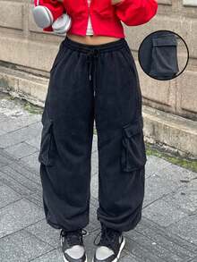 Coolane Women's  Fall/Winter Streetwear Y2K Vintage Punk Dirty  Big Pocket  Grey Cuffed Pants - Grey - View 1