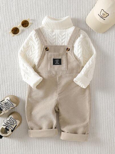 SHEIN Playful Pals Mono de pana con bordado de letras caqui para bebés niños de 0 a 3 años, adecuado para salidas, uso casual, fiestas de cumpleaños