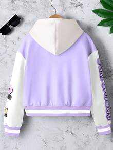 Tween Girls' Casual Color Block Cartoon Letter Print Jacket, Autumn - Purple - View 2