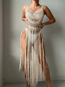 Swim Vcay 夏季沙灘女性流蘇邊鉤針遮陽衣上衣，適合海灘度假