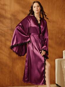 Anewsta Women's Elegant Faux Silk Lace Trim Contrast Cuffs Long Robe With Cozy And Elegant Details, Winter - Burgundy - View 4