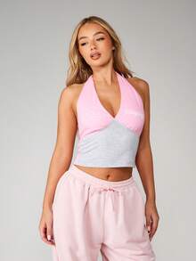 Missguided x Playboy Halter Neck Color Block Crop Top With V-Neck Design For Summer Festival Occasions - Multicolor - View 5
