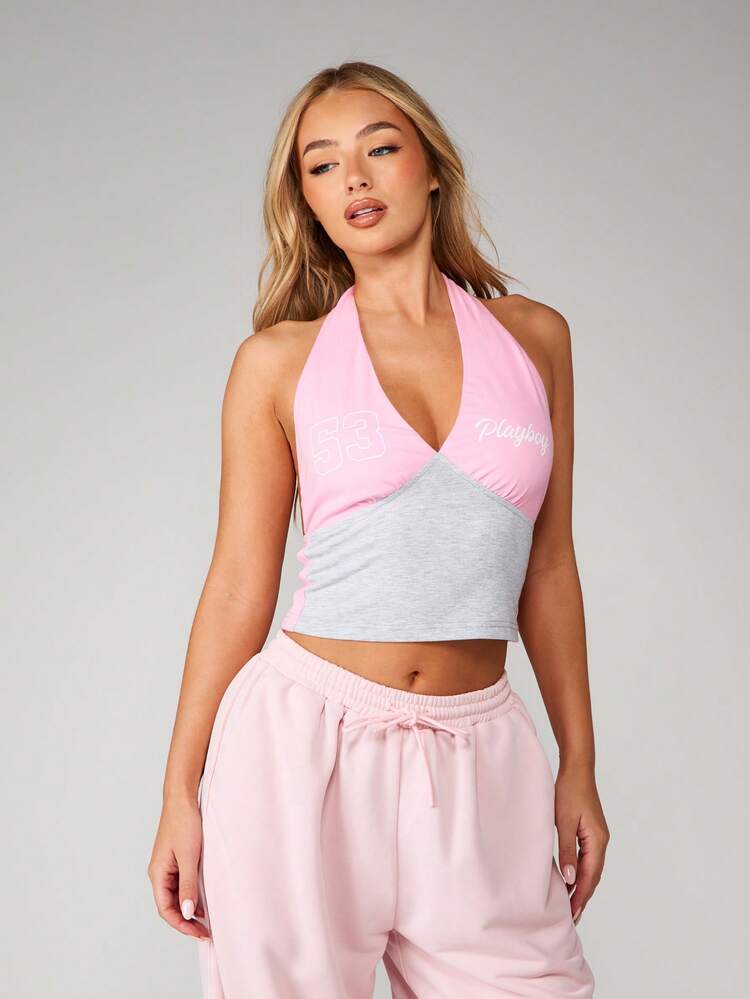 Missguided x Playboy Halter Neck Color Block Crop Top With V-Neck Design For Summer Festival Occasions