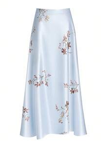 SHEIN Unity 大码女式梭织缎花卉印花 A 字高腰中长裙，优雅修身高端浪漫感觉 - 灰色 - 查看 1