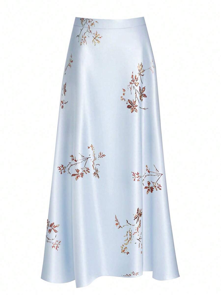 SHEIN Unity 大码女式梭织缎花卉印花 A 字高腰中长裙，优雅修身高端浪漫感觉 - 灰色 - 查看 1