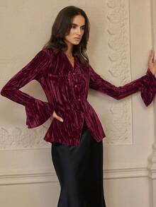 Zanirela French Pleated Waist Long Sleeve Velvet Casual Fashionable Blouse - Burgundy - View 5