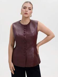 Aveloria Modichic Áo vest da PU cổ tròn không tay ôm vừa vặn có nút trang trí cỡ lớn cho nữ - Màu Đỏ Sâu - Xem 6