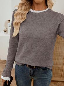 EMERY ROSE New Autumn/Winter Lace Trim Mock Neck Pullover Sweater, Versatile & Elegant Design For Women,Sweaters For Women - Mocha Brown - View 9
