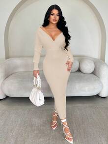 SHEIN SXY 女士性感优雅白色 V 领露肩长袖修身毛衣裙，适合日常穿着、办公室、约会、休闲、派对、感恩节、圣诞节白色中长裙白色长袖连衣裙白色紧身连衣裙罗纹中长裙秋冬 - 杏色 - 查看 4
