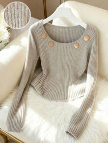 GlowEve CURVE Plus Size Women's Solid Color Button Design Ribbed Crew Neck Long Sleeve Casual T-Shirt, Autumn Apparel Fabric - Brown - View 1