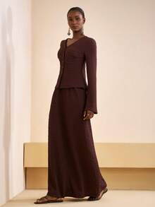 Zivah 2025 秋冬新款音乐节、复活节、圣帕特里克节、西部风、游牧风、生日派对、毕业典礼、学院风、学生装、日常休闲、基础百搭、休闲、邮轮旅行、海滩、度假、网络红、街头服饰、婚礼宾客波西米亚风、通勤、早午餐、机场、派对、节日郊游、优雅盛典 V 领长袖 TextuSkirtd 长款 A 字中长裙两件套棕色西装 - 棕色 - 查看 4