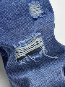 SHEIN Quần jeans ống đứng rách màu xanh denim cổ điển cho bé trai mới biết đi - Rửa nhẹ - Xem 3