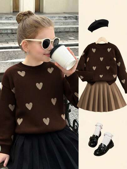 SHEIN Tween Girl Heart Pattern Drop Shoulder Round Neck Sweater And Solid Brown Pleated Skirt 2 Pcs Set, For Daily Wear, Back To School, Casual Occasions, Warm For Autumn Winter, Daily Wear Teen Girl Brown Set Brown Outfits For Girls Brown Sweater For Girls Girl Clothes Autumn And Winter Clothes