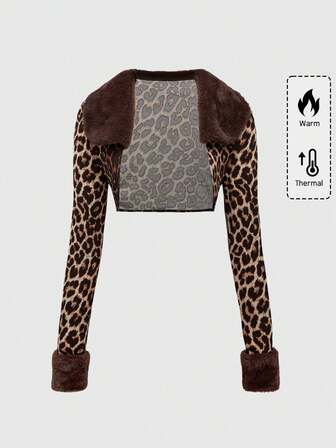 Grunge Punk Top con estampado de leopardo parchwork y cuello mullido estilo Y2K sexy para mujer