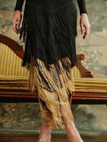 Anewsta تنورة حفلات أنيقة وجذابة ذات خصر عالي بتصميم كتل اللون الأسود والذهبي مع حاشية شراشيب، مناسبة لحفلات عيد الميلاد والسنة الجديدة والحفلات والخريف والشتاء والصيف - الأسود - مشاهدة 5