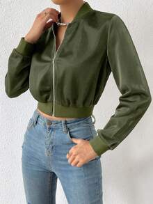 SHEIN EZwear 秋冬装女休闲绿色长袖拉链短款飞行员夹克 - 軍綠色 - 查看 3